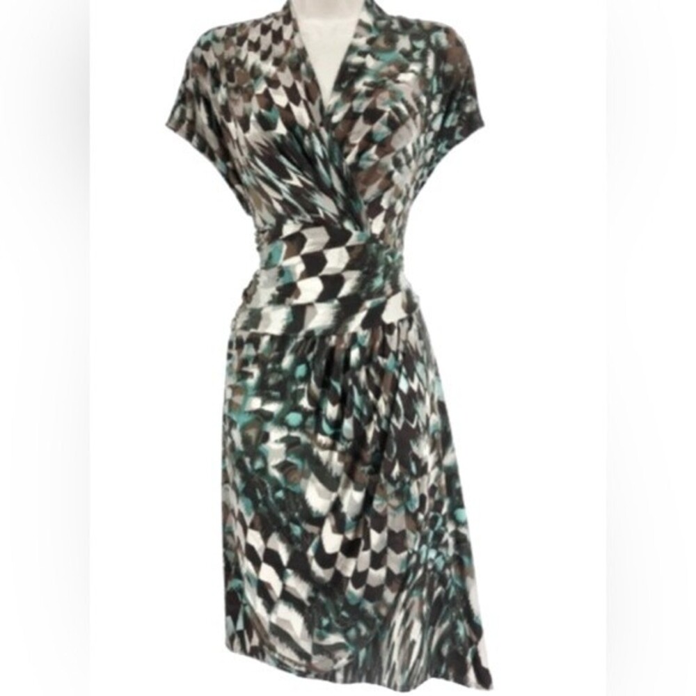 Flattering ruched brown tan and aqua wrap geometric print dress size 10